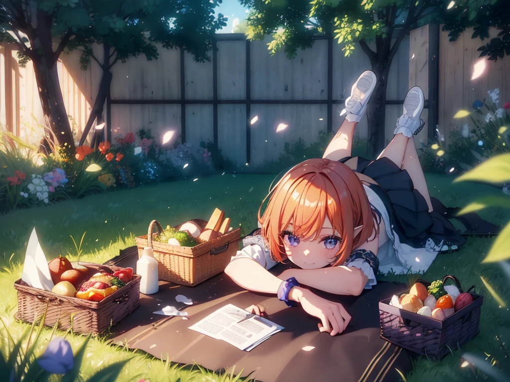 Woman lying on her back in the grass, (Recall,food:1.3),(picnic:1.3),basket, Elf Ears, Park with a view, Highest quality, grassland park, blue sky, hiking, Best image quality,Perfect Anatomy,masterpiece,Ultra-detailed,beautiful,super high quality, Highest quality,High resolution, Very detailed,Game CG,Dutch Angle ,beautiful細部までこだわった目,Visual Arts,Five Fingers, Perfect hands,Hide your hands, {{{One Girl}}}, beautiful詳細な女の子, Game CG, Spring flower, One curl on the outside, Short Bob Hair, Pastel orange hair, Purple eyes,Stylish accessories solo, breast enhancement, Medium Shoot, woman, Take-out, Laughter, huge ,,Pastel green checkered mini skirt,Black knee-highs, {{{{{Wearing a pastel green camisole}}}}},Open your mouth, wonderful, beautiful細部までこだわった目, Highest quality, Very delicate,Masseter muscle area,Highest quality,(Official Art、Highest quality、Unity 8k wallpaper、32K、masterpiece、Ultra-detailed、超High resolution、Realistic、Photorealistic:1.2)、(Cinema Lighting:1.2)、Fire Glow Effect、The most grainy shadows on the film、Side light、Side Shot、(Ultra-detailedで複雑な3Dレンダリング)、Atelier Series, Multiple Girls