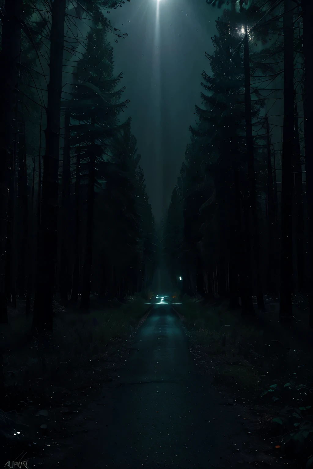 a dark forest at night, full moon in the sky, empty road, bioluminescent mushrooms, fireflies, atmospheric lighting, moody colors, cinematic, dramatic lighting, photorealistic, intricate details, serene, (best quality,4k,8k,highres,masterpiece:1.2),ultra-detailed,(realistic,photorealistic,photo-realistic:1.37)