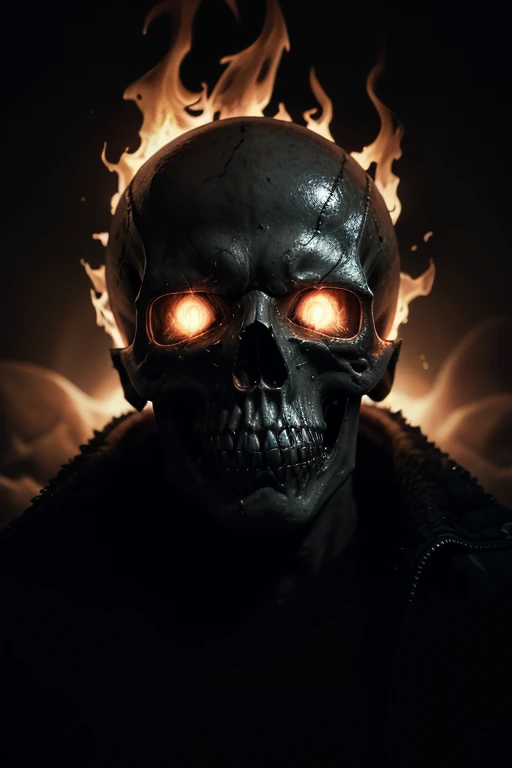 A terrifying skull engulfed in dark, ominous flames, exuding an aura of stoicism and death, anguished intensity, dramatic chiaroscuro lighting, haunting and ominous atmosphere, intricate details, photorealistic, hyper-detailed, cinematic composition, dark fantasy, gothic