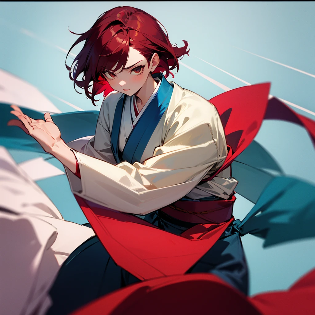 A beautiful fighter (shorth hair) (Brown eyes) (maroon hair) and with a very stylish blue judo kimono