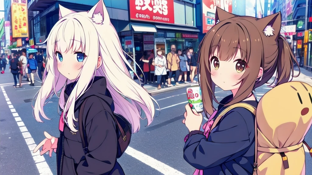 cat girl bear girl cute excellent quality on Akihabara street in  brown hair brown eyes white hair blue eyes 