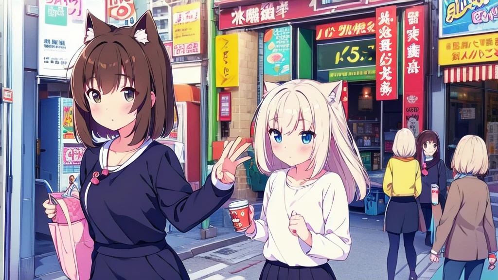 cat girl bear girl cute excellent quality on Akihabara street in  brown hair brown eyes white hair blue eyes 