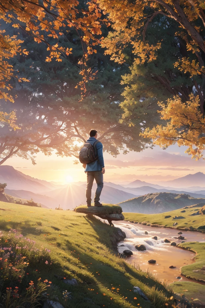 photorealistic landscape, natural landscape, naturey, Beleza Da naturey, Golden Sunset, Sky, Sky Power, Detailed Realistic Sunset, Cedars, Cedar, God's City, Heavens Realm, mountainscape, rivers of water, Sunset realism, Árvores naturey, Alone Men, man on his back, Man's Back, panorama, Alpha Male, Path to Heaven, heavenly, Detailed Realistic Image 8K, 16K Photorealistic Contrast, 8K Photorealistic Sharpness, 4K Photorealistic Cores, 16K Photorealistic Shadows, 8K Photorealistic Textures, 16K Photorealistic Texture, 4K Photorealistic Light, 4K PhotoRealism, FullHD 4K Detailed Contrast, detailed sharpness FullHD 8K, detailed sharpness FullHD 4K, detailed sharpness, 2K Detailed Colors, lifelike colors, FullHD Detailed Shadows, 4K Detailed Textures, detailed texture, Natural Beauty, Elegante,