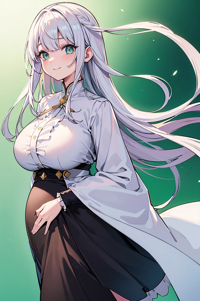 (Top quality、high resolution、Beautiful and delicate eyes、White lighting:1.2)、Super giant 、Large Breasts、Green Background、The viewer's perspective、White hair、Hair longer than legs、Pink hair、Bangs、Long sleeve、Black shirt、a black skirt、Long coat、Smile、short and small、Slim details,Pregnant，Huge breasts