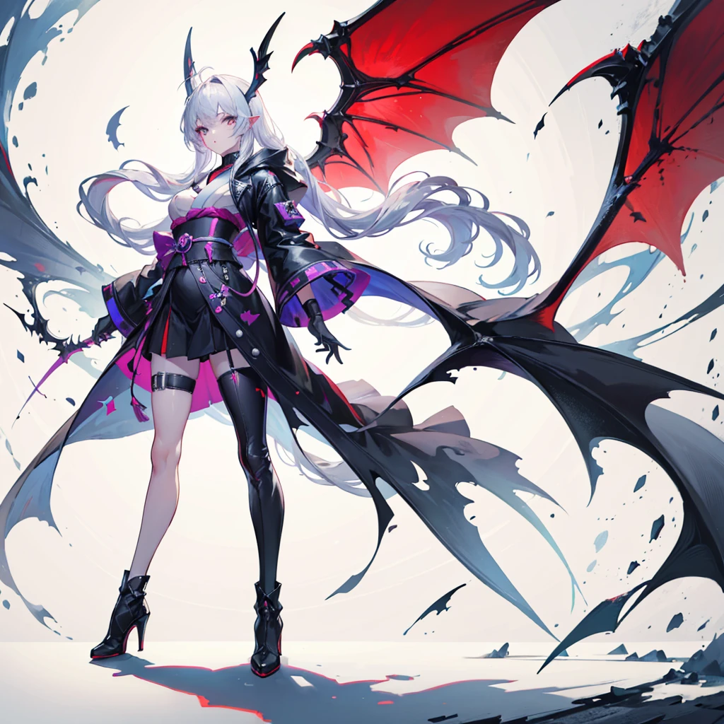 (masterpiece, Highest quality), (Perfect athletic body:1.2), (Fine hair), Very detailed, Anime Style, whole body, alone, Cyberpunk Batgirl, In Cyber Kimono, Big Wings, bat ears, White hair and brown skin, high boots, Standing in the Wilderness, High heel boots, 8K high resolution, White Background, whole body,

