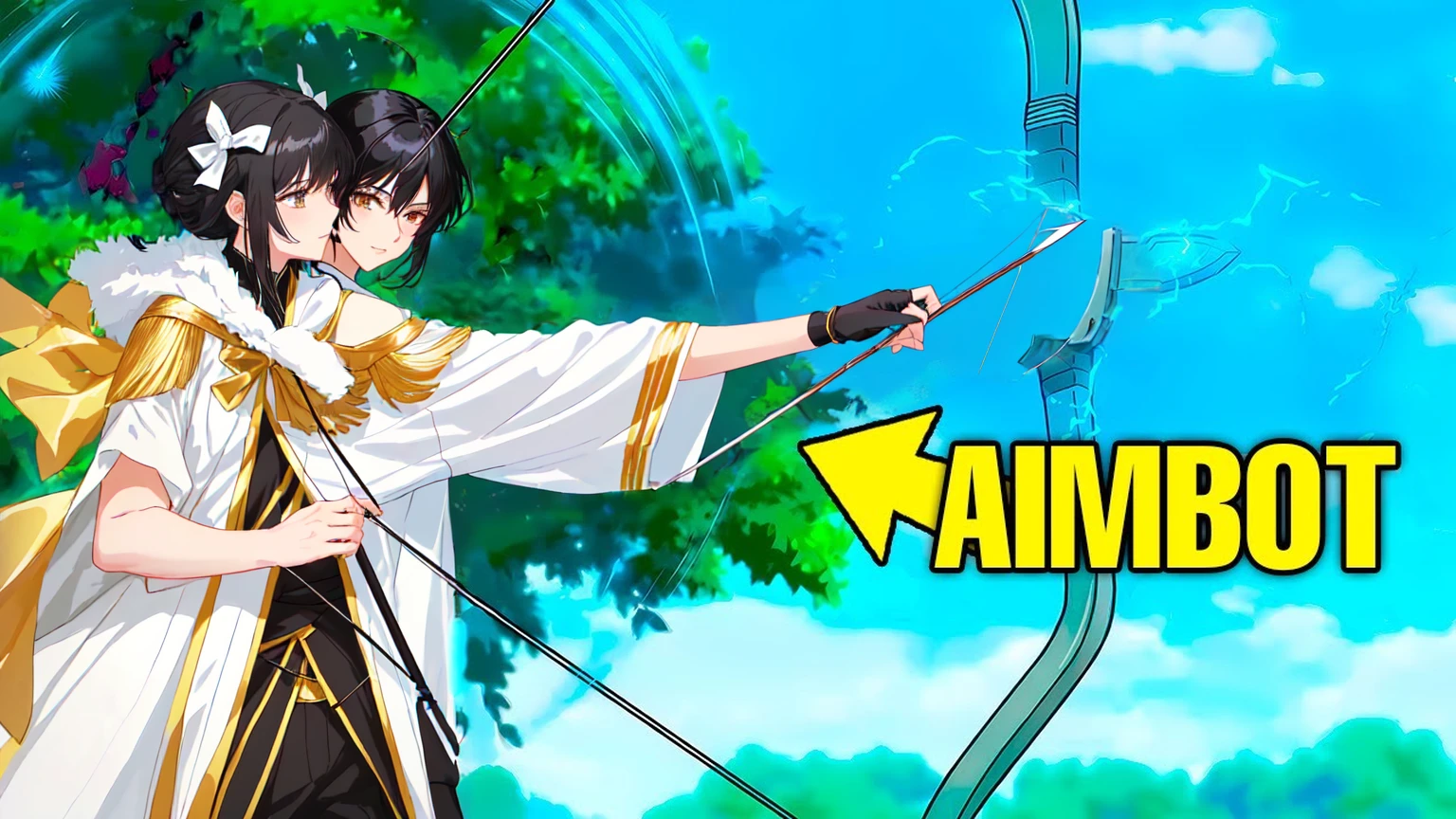 a woman with black hair and black clothes and a man with white hair white black clothes are hugging each other while holding a bow and arrow, anime men with bow and arrow, aiming, anime fencer, aiming at bow and arrow, wielding a bow, archer boy, epic anime style, anime style , trigger Anime art style, archer bow, anime photo, anime style, Anime art style
