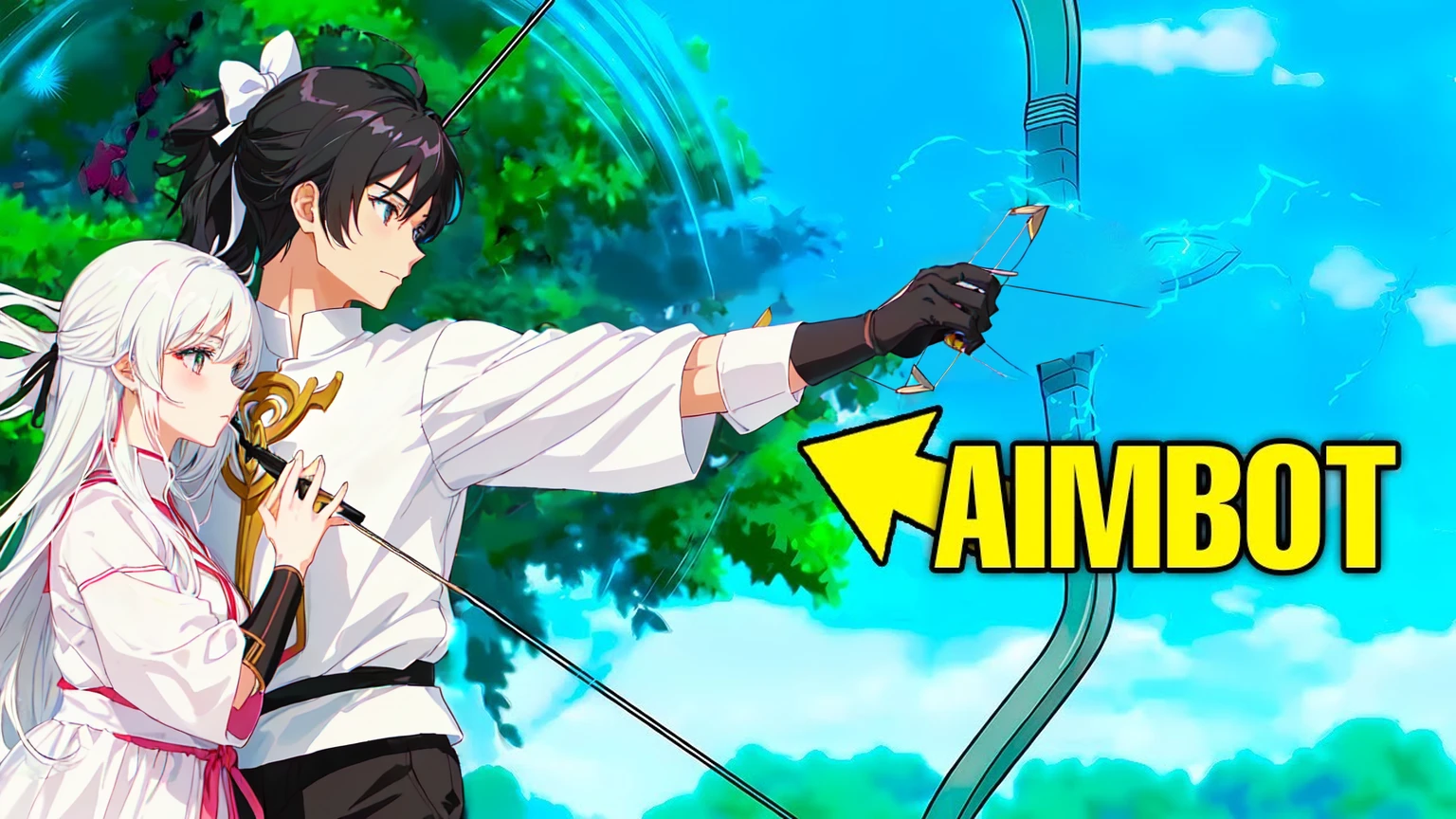 a woman with black hair and black clothes and a man with white hair white black clothes are hugging each other while holding a bow and arrow, anime men with bow and arrow, aiming, anime fencer, aiming at bow and arrow, wielding a bow, archer boy, epic anime style, anime style , trigger Anime art style, archer bow, anime photo, anime style, Anime art style