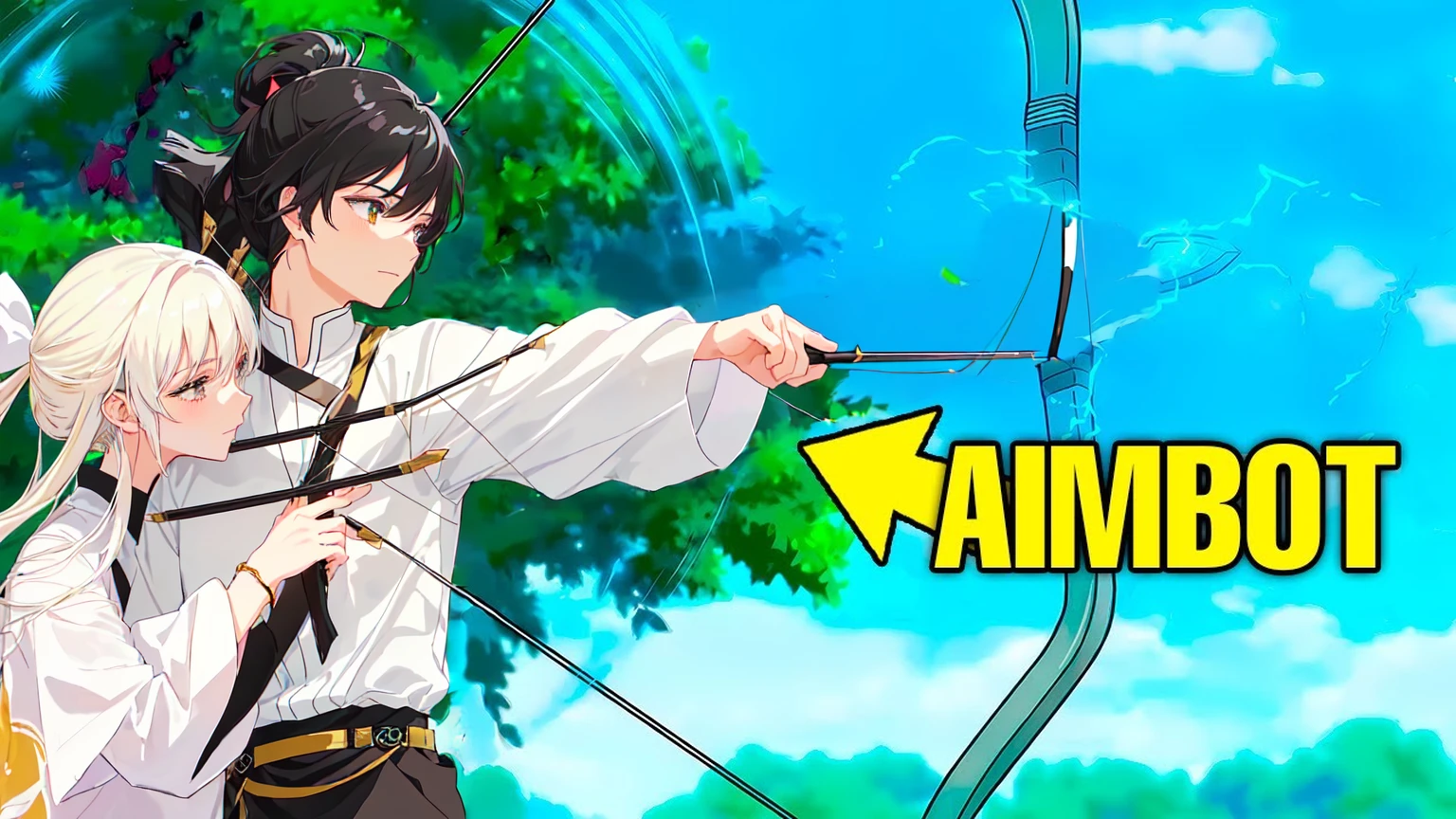 a woman with black hair and black clothes and a man with white hair white black clothes are hugging each other while holding a bow and arrow, anime men with bow and arrow, aiming, anime fencer, aiming at bow and arrow, wielding a bow, archer boy, epic anime style, anime style , trigger Anime art style, archer bow, anime photo, anime style, Anime art style