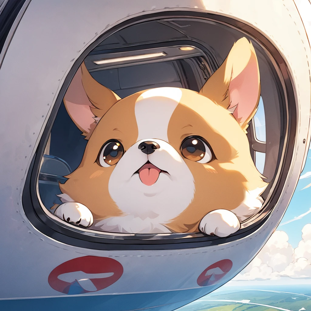(Highest quality,Extremely detailed depiction,Incredibly absurd high resolution),Cute Puppy,Circle々Fat puppy,Deformed Characters,Being on a plane,Outside view from the airplane window,