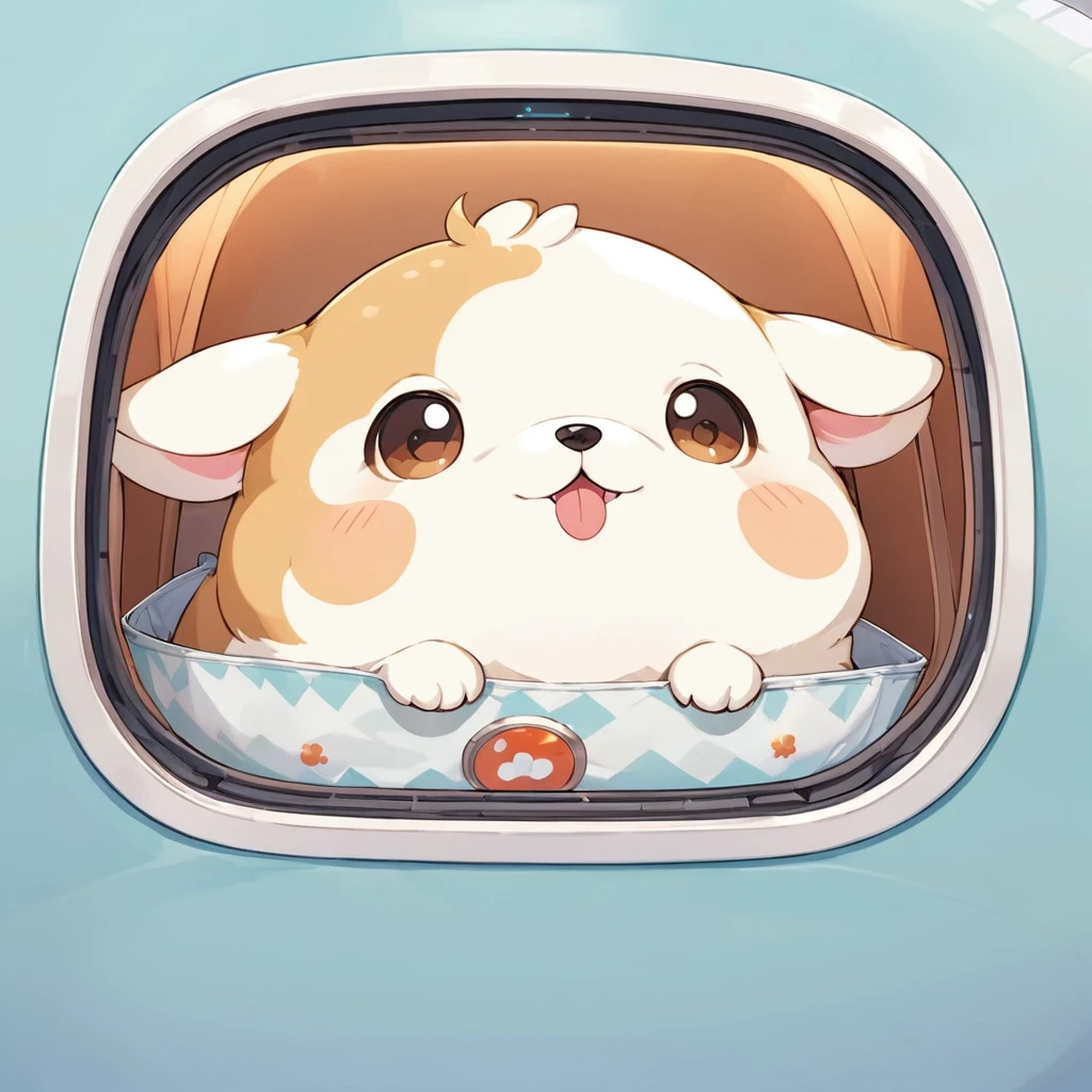 (Highest quality,Extremely detailed depiction,Incredibly absurd high resolution),Cute Puppy,Circle々Fat puppy,Deformed Characters,Being on a plane,Outside view from the airplane window,