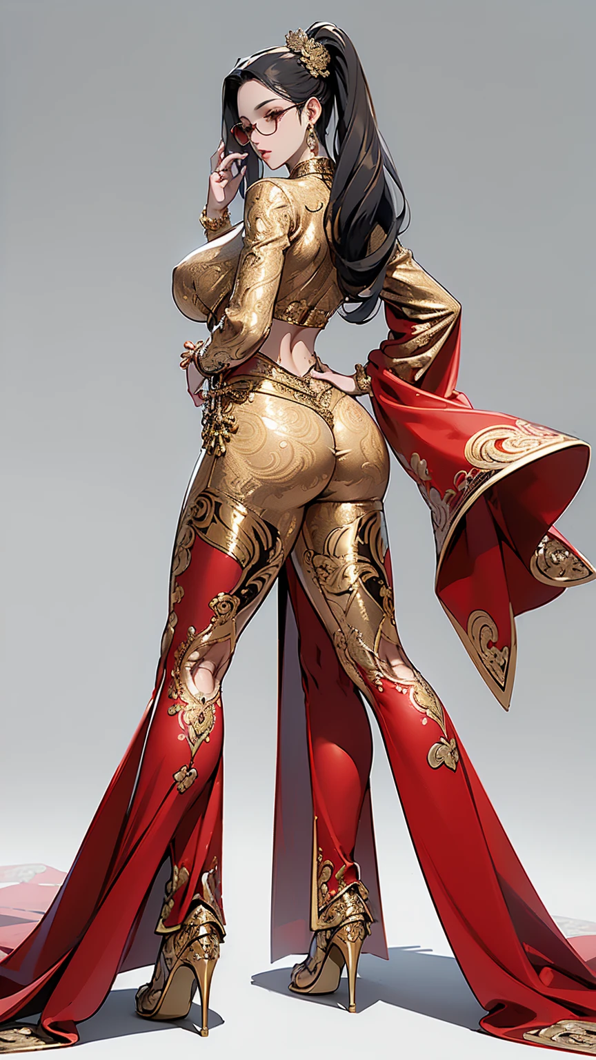 ((best quality,4k,highres,masterpiece:1.2)),((character concept art)), 1 female, age 25, Chinese Hong Kong, Hong Kong Elite, eldest sister, triad female leader, Known for her impeccable fashion sense and elegant demeanor, she is a true embodiment of the Versace brand. Her body language is as captivating as her style, always exuding confidence and high fashion. (((She's wearing an exquisite Versace Barocco-print Shirt in Silk and Barocco-print leggings gold-tone/white/black, a true testament to the brand's luxurious aesthetic.))) Paired with Versace Medusa Tribute Sandals, she carries her ensemble with an air of effortless sophistication. Her accessories include a Versace Medusa Tribute Bag and a pair of Versace Tribute Sunglasses, enhancing her overall look. ((intricate detail)), super finely detailed hands, ultra finely detailed fingers(((ten fingers))), (standing still with confidently), (full body showcase), (show full body), (no logos on background), (no logo), ((plain background)), ((plain background)), (((empty background))). Huge perky breasts, deep cleavage 1.8, thick thighs, hands in hair, cameltoe 1.8, curvy, ((standing spreading legs wide open)) ((red golden outfit , looking back, backside, POV from back, ))