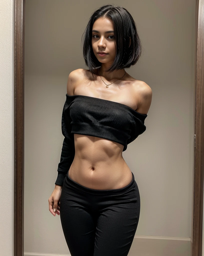 A (beautiful) (young Brazilian girl:1), (extremely pale skin:1), (straight black hair:1.4), (small pointed nose, full lips, pointed chin, small face), (slim body), (small shoulders:1.8), (slim waist and thick hips:1.4),(small torso:1.4), (extremely thick hips:1.6), (very thick thighs:1.6). 19 years old, posing with confidence. wearing a (Black pants:1.4) and a (Sweatshirt:1.4), simple casual clothes. standing showing big booty, back, in a closed room.