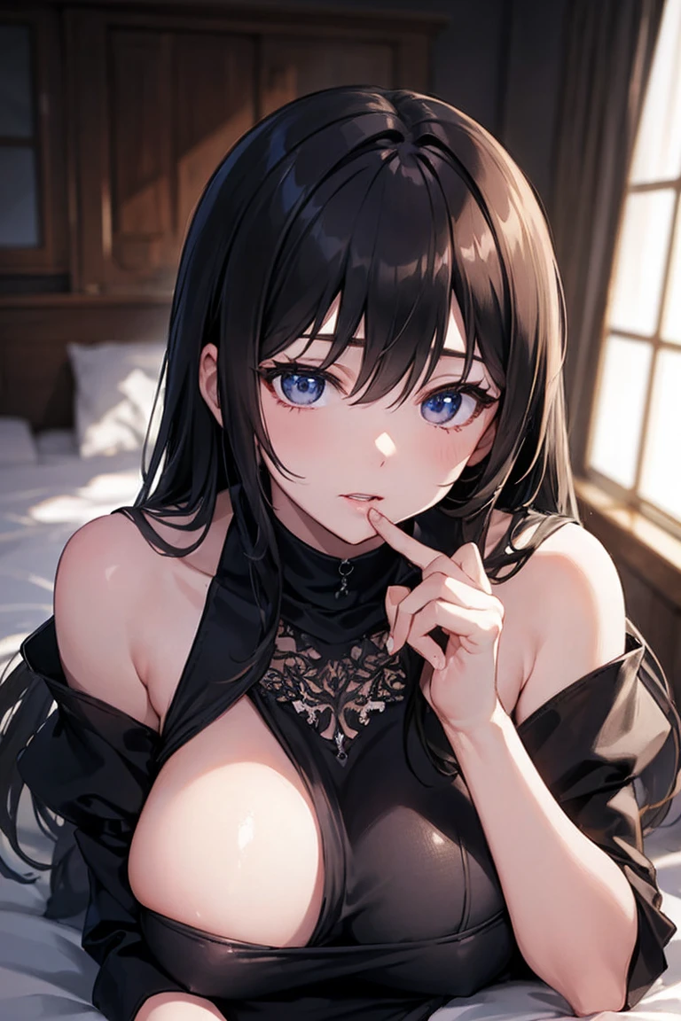Black Hair、Luxurious and y black clothing、whole body、Large Bregirl lying down、Narrow waist、R18