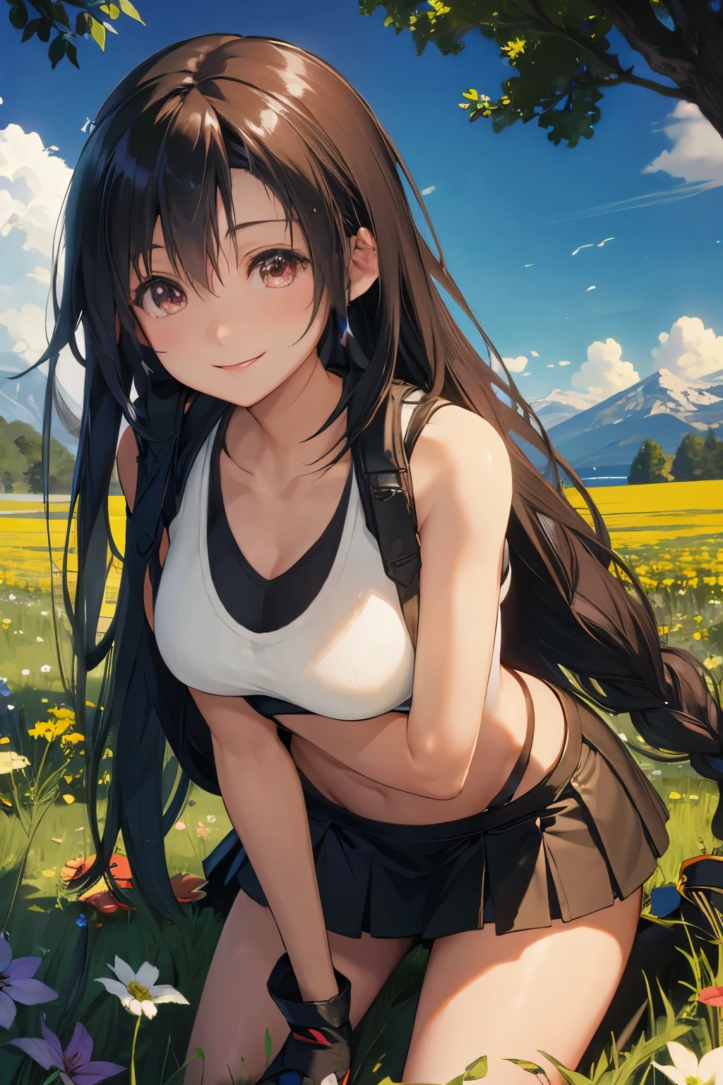 clear face,tifa,meadow,smile,panty shot,1girl