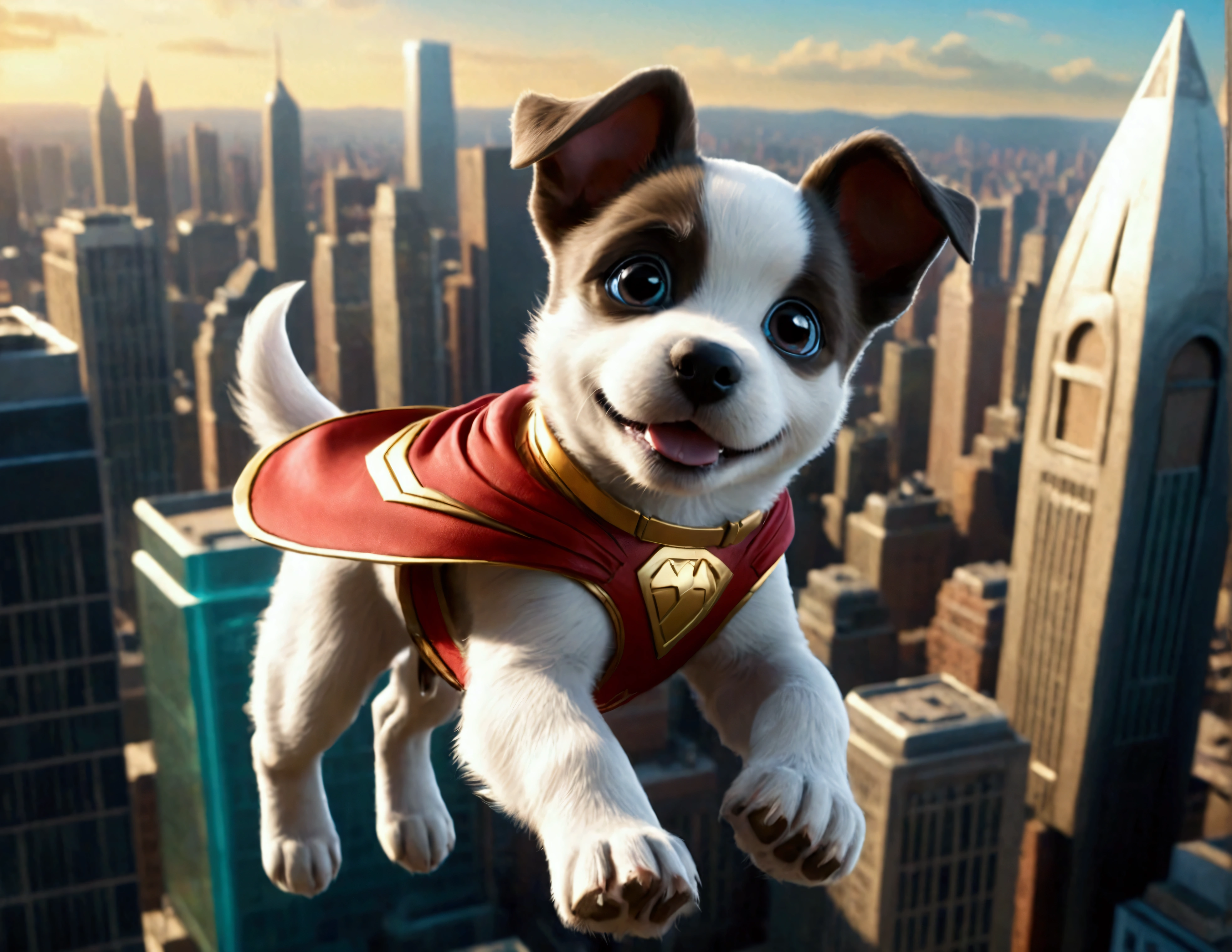 krypto the super puppy, happily flying over Metropolis looking for criminals to bring to justice, intricate detailed 3D rendering, photorealistic, high quality, cinematic lighting, vibrant colors, dynamic action pose, cityscape background, crisp focus, volumetric lighting, dramatic camera angle, heroic expression, muscular build, cute puppy eyes, adorable facial features, wagging tail, vibrant colors, high resolution