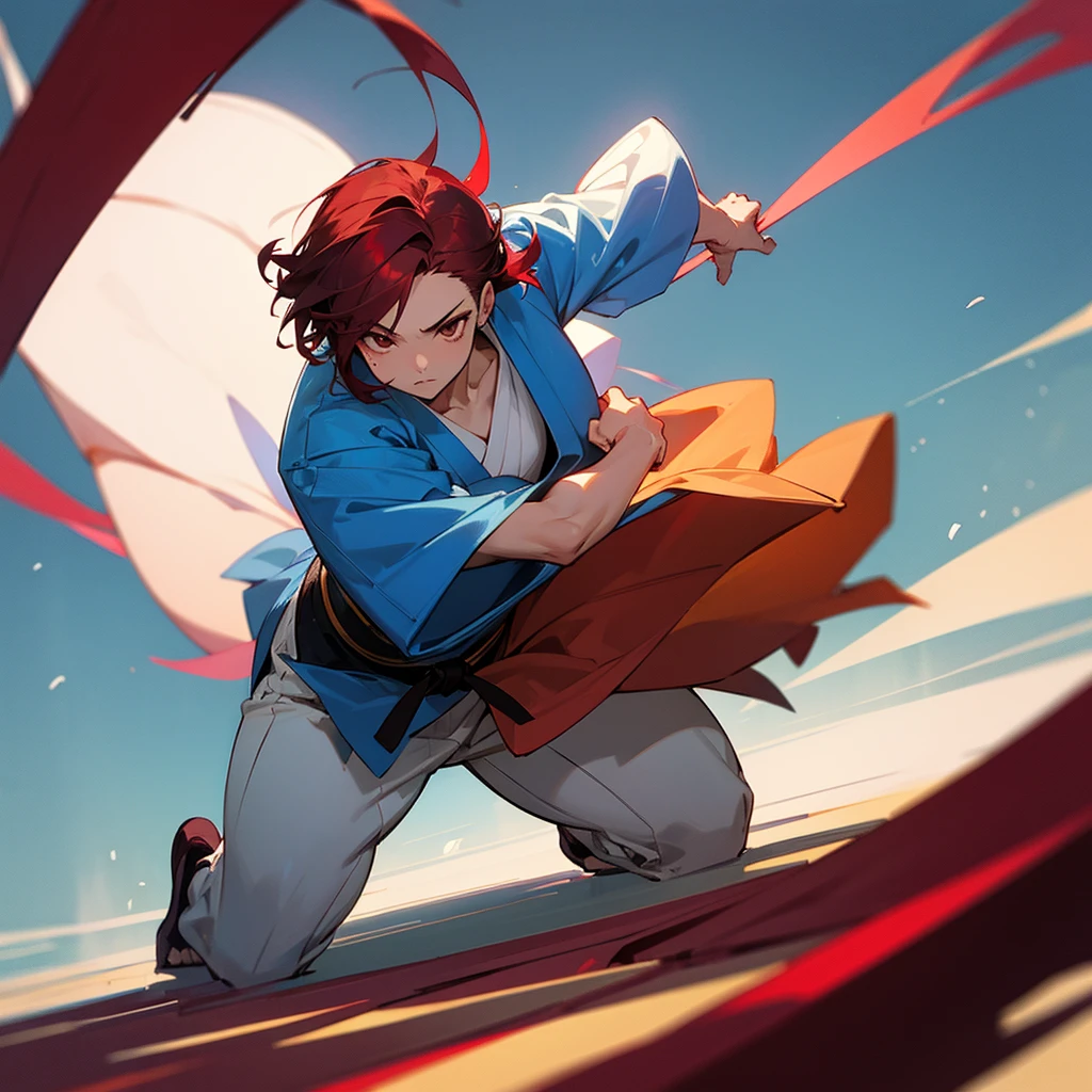 A beautiful fighter (shorth hair) (Brown eyes) (maroon hair) and with a very stylish blue judo kimono