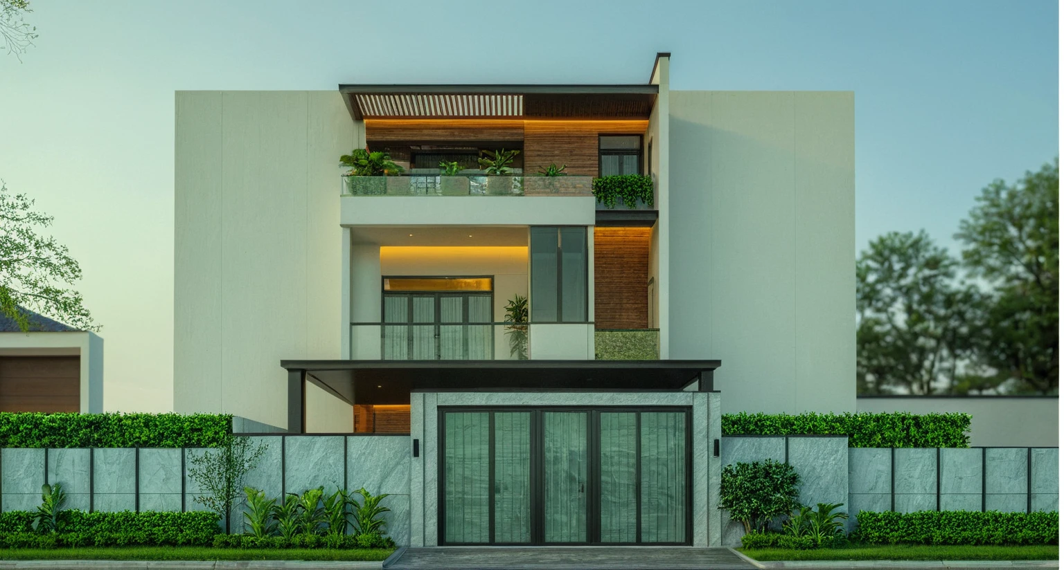 modern villa on street, (daylight), tropical tree, green shrub and plants, vivid color, streetcapes, minimalist design, brigth grey tone, large glass door, warm interior lighting, modern material, best quality, ultra realistic, masterpiece, 17ArchiAI_XL_VL-v1
