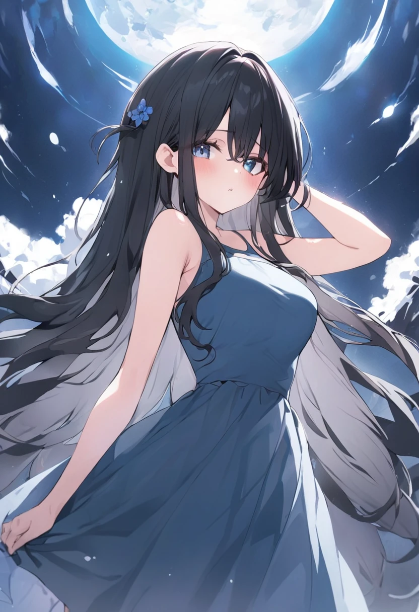 adult，girl，Long Hair，Black Hair，Blue eyeoon Dress，beautiful，