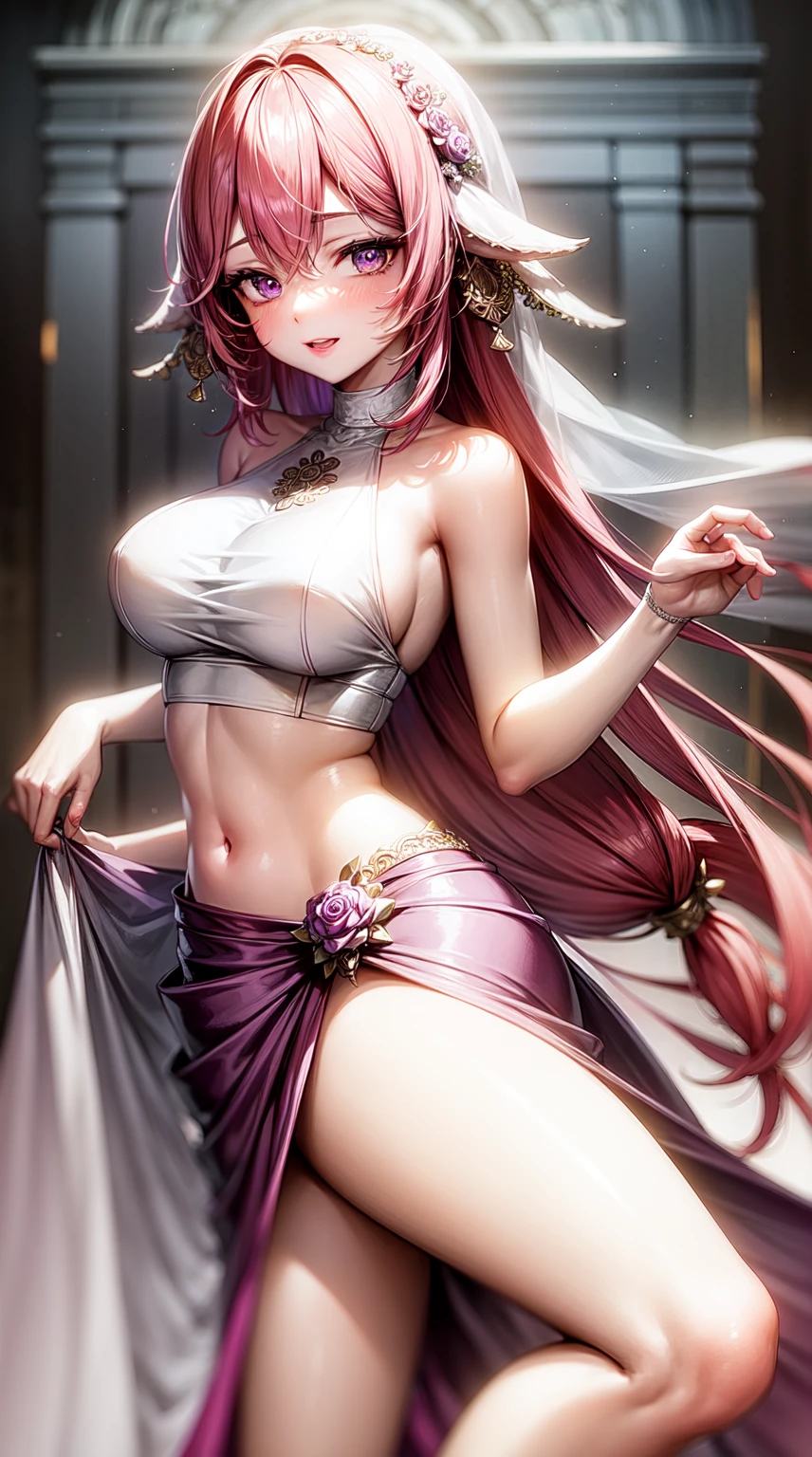 purple eyes,Wedding dress,long skirt,crop top,pink hair
