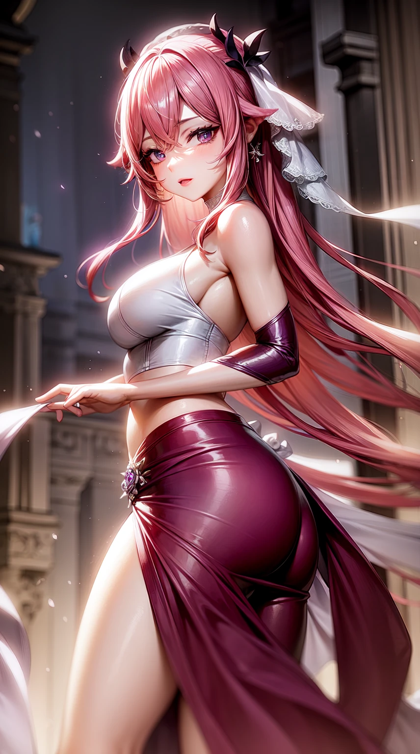 purple eyes,Wedding dress,long skirt,crop top,pink hair