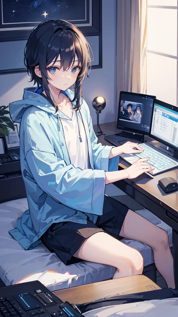 A boy typing on a computer while listening to music in his room、Dim room lighting、Outside the room is a starry sky.、Japanese anime style