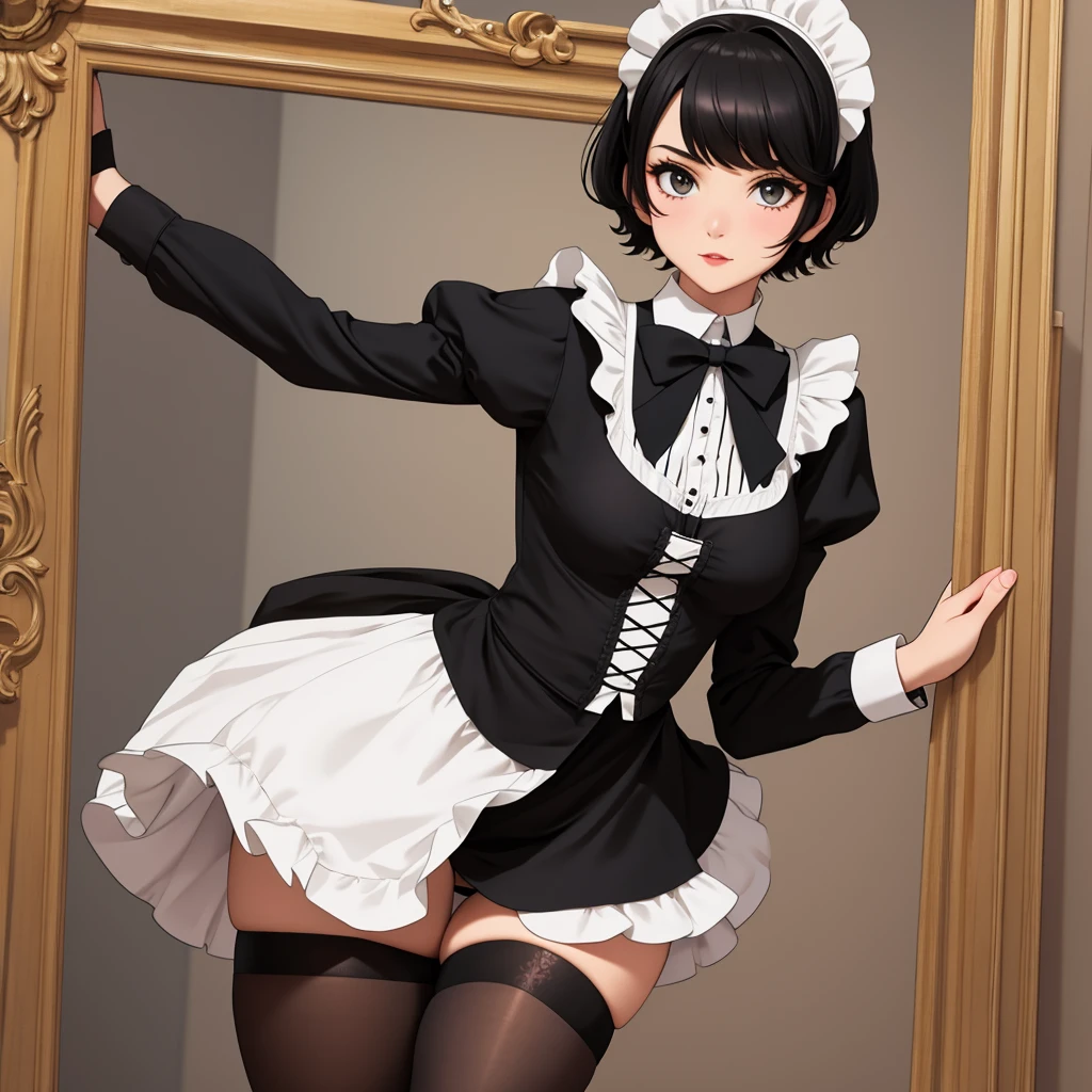 short black hair，victorian maid outfit，Show your thighs，black stockings，Black tights，Chest hollow，Medium breasts