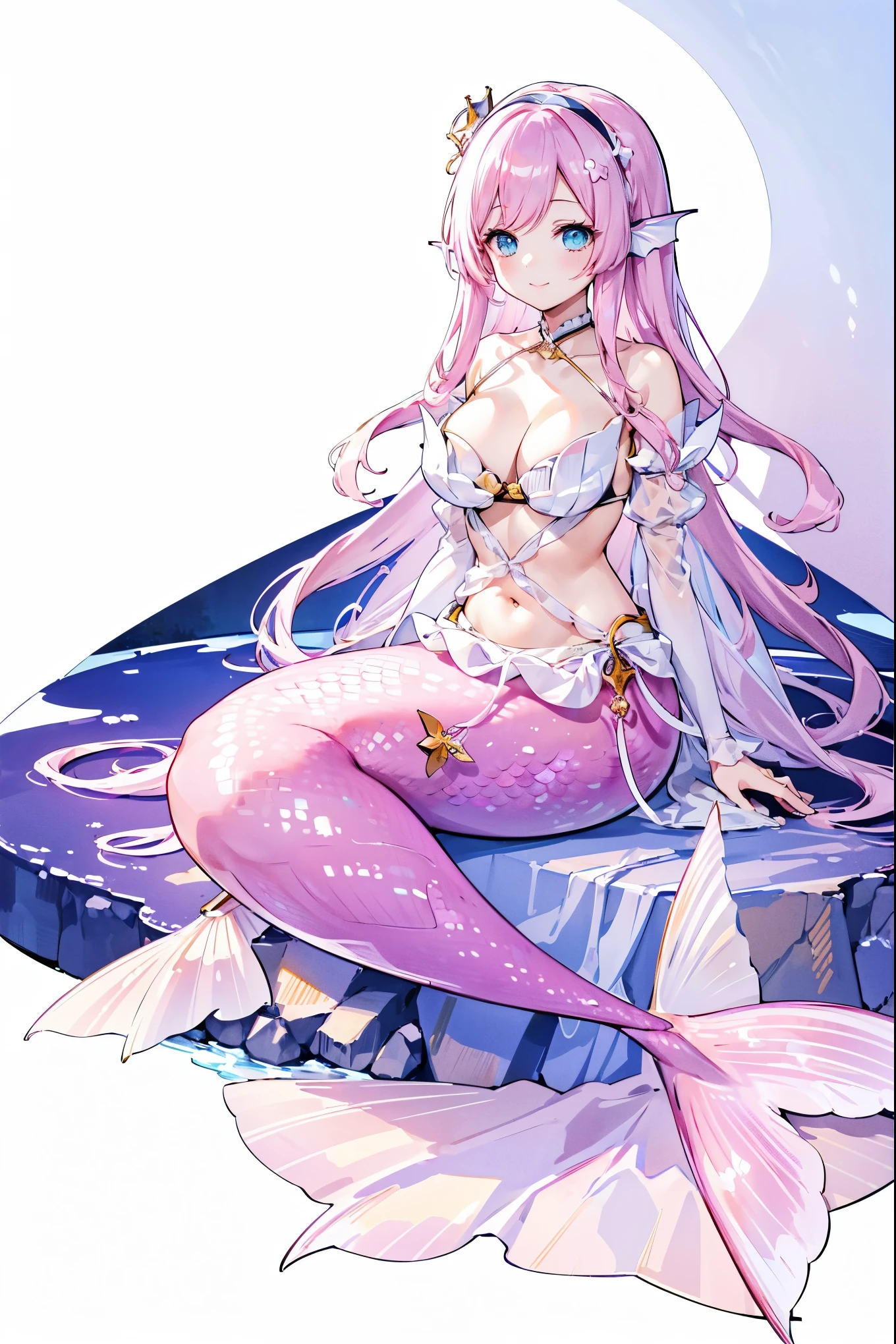 masterpiece, best quality,A girl,Pink hair,White Dress,blue eyes,Head fin,独奏,Large Breasts,Mermaid,粉色的Mermaid尾巴,full-body shot,White background,charming face(Kawaii, charming,Soft),Looking at the audience,Smile,Sitting