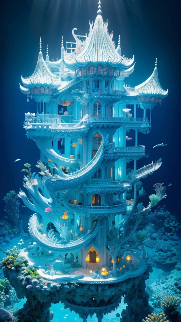 Undersea Palace, Fluorescent colorful plants, White coral, blueglow, Distant view,fantasy,intricately details,8K,Ultra HD,--no people,There is a white dragon flying，The entire structure of the building is clearly displayed