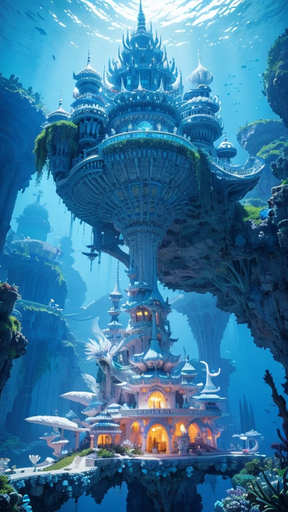 Undersea Palace, Fluorescent colorful plants, White coral, blueglow, Distant view,fantasy,intricately details,8K,Ultra HD,--no people,There is a white dragon flying，The entire structure of the building is clearly displayed