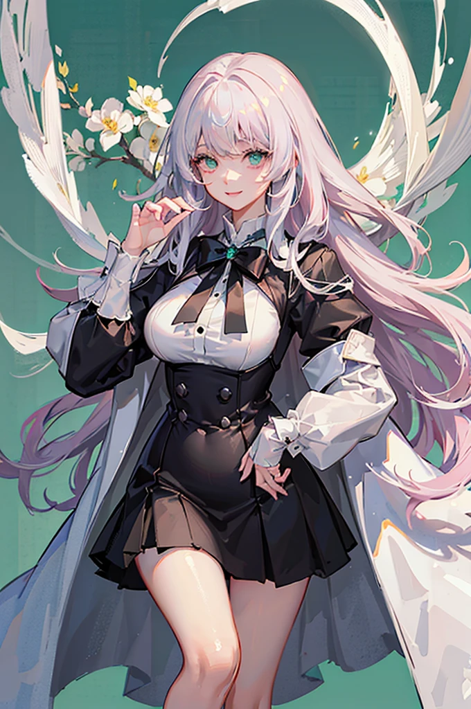 (Top quality、high resolution、Beautiful and delicate eyes、White lighting:1.2)、Super giant 、Large Breasts、Green Background、The viewer's perspective、White hair、Hair longer than legs、Pink hair、Bangs、Long sleeve、Black shirt、a black skirt、Long coat、Smile、short and small、Slim details,Pregnant，Huge breasts