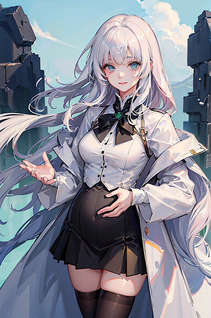(Top quality、high resolution、Beautiful and delicate eyes、White lighting:1.2)、Super giant 、Large Breasts、Green Background、The viewer's perspective、White hair、Hair longer than legs、Pink hair、Bangs、Long sleeve、Black shirt、a black skirt、Long coat、Smile、short and small、Slim details,Pregnant,Huge breasts