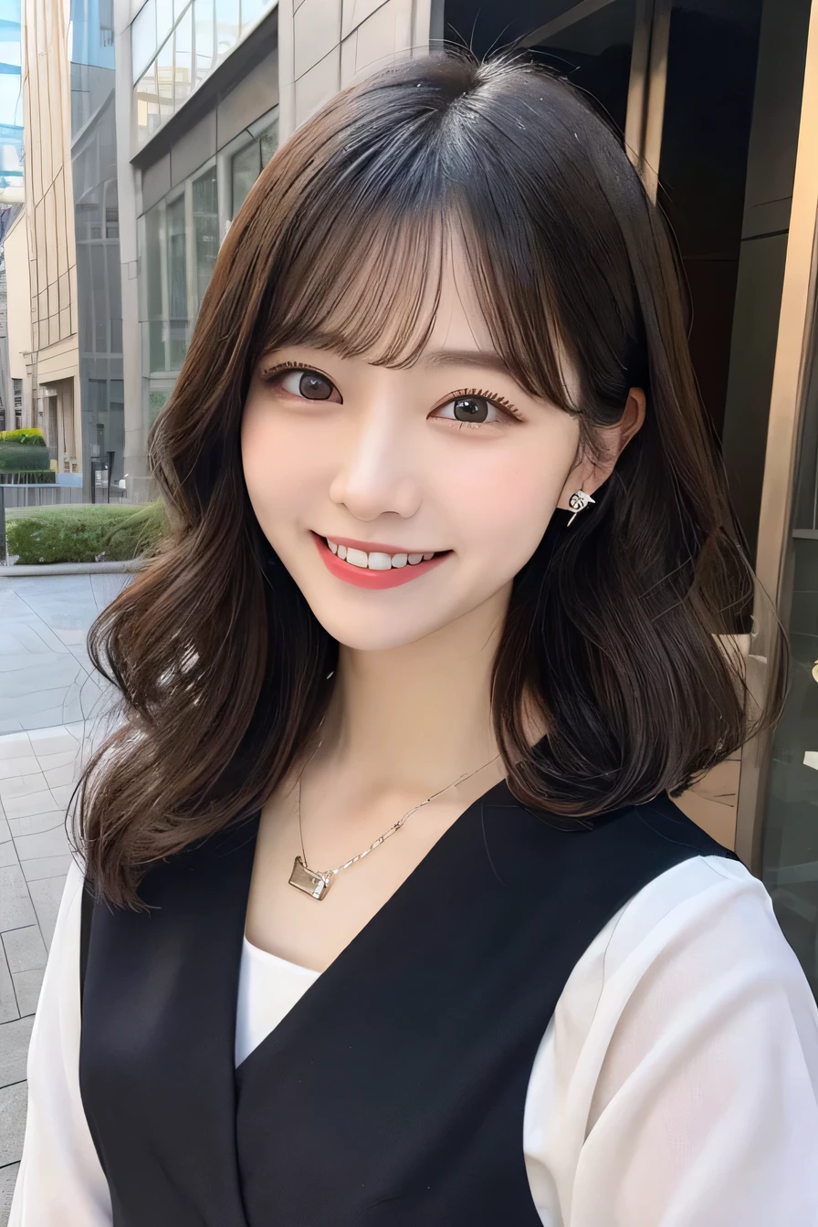 Highest quality, ,smile、Beautiful teeth alignment、Black Hair、Short Haircut、Wavy Hair、Office Lady Suits、、ear piercing、necklace, ,、The background is the building's corridor.