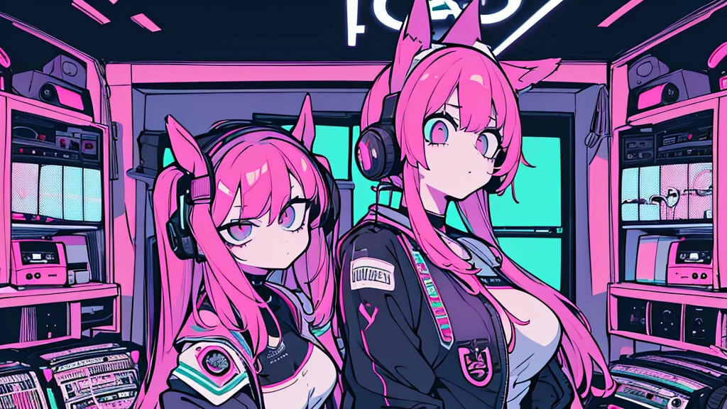 Best quality, (masterpiece), best detail face,1 girl, natural breasts, 18 yo, 8k,absurdres,unity 8k wall paper,(extremely detailed:1.3), highest realistic, (retro headphones:), (soft neon light:), (psychedelic), Her room full of music equipment and records, sports wear , See the whole room , dark yellow color pallet, pony tail hair