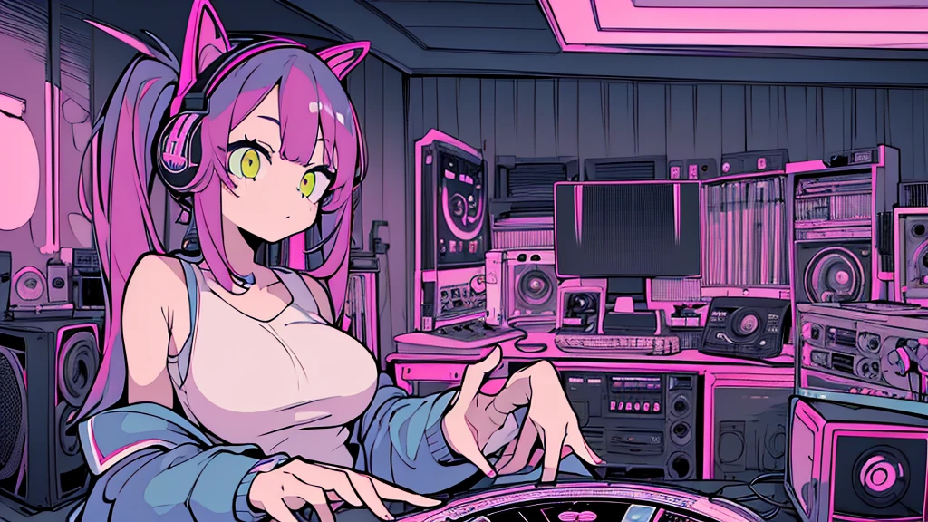 Best quality, (masterpiece), best detail face,1 girl, big breasts, 18 yo, 8k,absurdres,unity 8k wall paper,(extremely detailed:1.3), highest realistic, (retro headphones:), (soft neon light:), (psychedelic), Her room full of music equipment and plants, sexy sports wear , See the whole room, She is leaving the room, dark yellow color palette