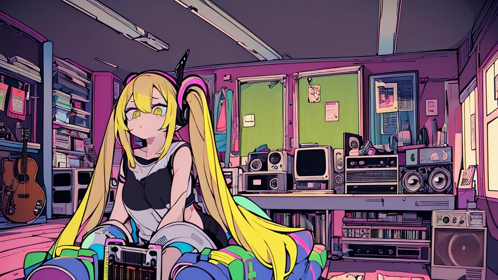 Best quality, (masterpiece), best detail face,1 girl, natural breasts, 18 yo, 8k,absurdres,unity 8k wall paper,(extremely detailed:1.3), highest realistic, (retro headphones:), (soft neon light:), (psychedelic), Her room full of music equipment and records, sports wear , See the whole room , dark yellow color pallet, pony tail hair