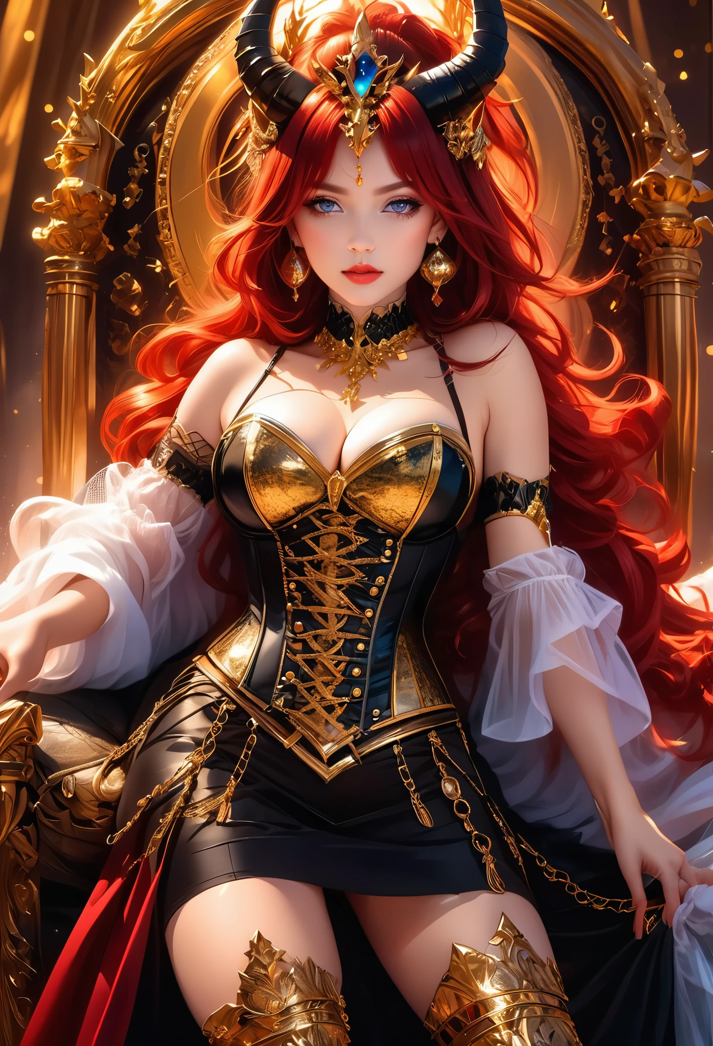 ((Sensually sit on magnificent throne))((sexy queen of hell)) ((beautiful face)) ((evil smile)) ((red gloss lipstick)) ((very dark eyeshadows make up)) ((detailed eyes))((big bright blue eyes)) ((very long messy light redhead high pony tail hair with bangs covering one eye)) ((sensual lips)) ((huge breast:1.5)) ((perfect fit body:1.4)) (((wears dark fantasy black corset with glowing gold ornament and black tiny string thong))) (((glowing gold crown, big goat horns))) ((gold jewelry, choker, gold earrings, Fishnet stocking, cape)) ((queen posing sensual on hell throne))((evil magic aura light around her))((high resolution:1.4)), (dynamic shadows)((photorealistic:1.5)) ((masterpiece:1.5)) (8k:1.3) (perfect face) ((best quality:1.4)) (perfect hands and eyes)((()))