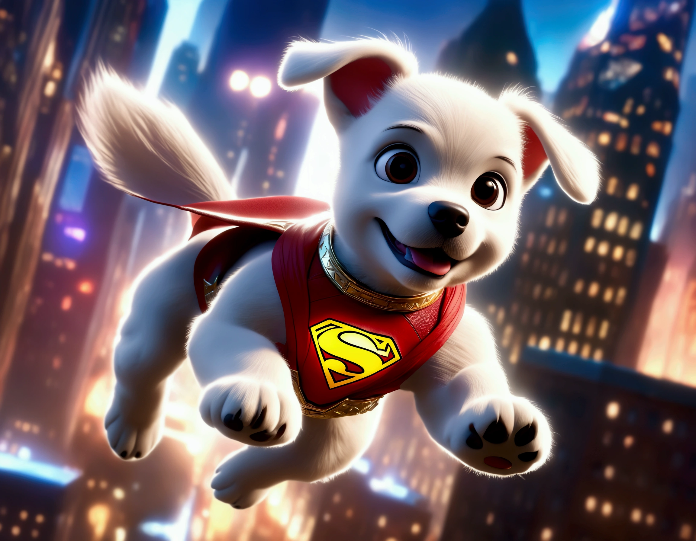 krypto the super puppy, happily flying over Metropolis looking for criminals to bring to justice, intricate detailed 3D rendering, photorealistic, high quality, cinematic lighting, vibrant colors, dynamic action pose, cityscape background, crisp focus, volumetric lighting, dramatic camera angle, heroic expression, muscular build, cute puppy eyes, adorable facial features, wagging tail, vibrant colors, high resolution
