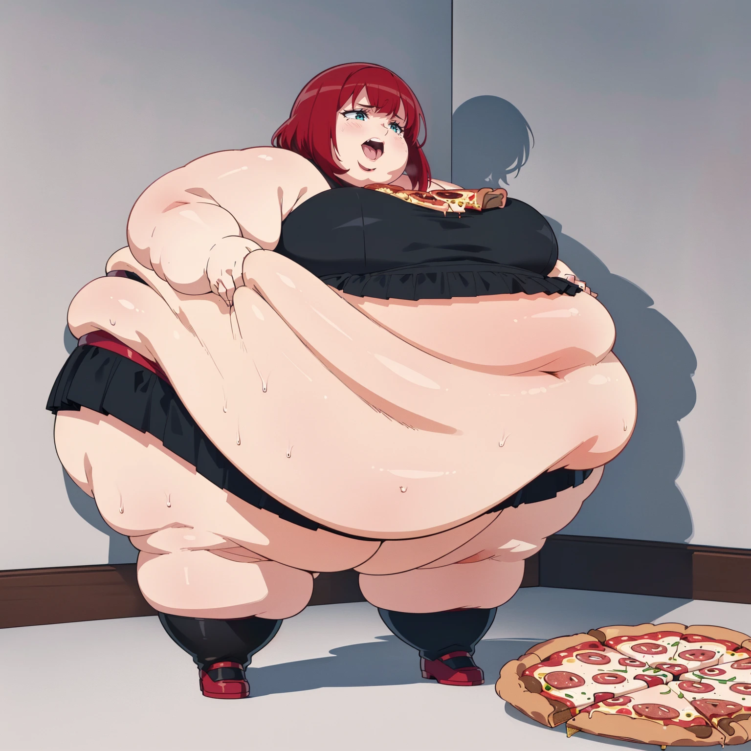 (((baby))), bikini, fishnet stockings squeezing thighs, Belly expuesto, ((hands on breasts)), ((red hair with fringe)), ((obese chubby))), ((fat face)), (((big belly))), (((open mouth))), fat and wide thighs, Belly, (((tender))), (((in a room standing in front of a large pizza))), detailed background, ((full body image)),