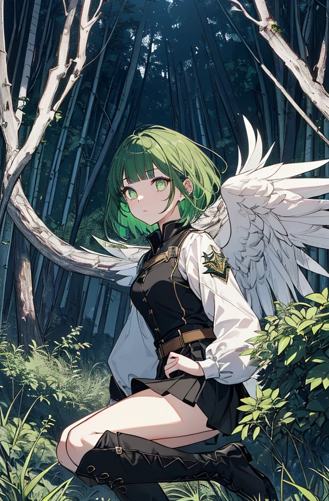 [(green hill background:1.4)::5],original,(shape:1.1),(highest quality),(Tabletop:1.1),(Highly detailed CG Unity 8k wallpaper:1.1), (colorful:0.9),(Mid Shot:0.95),(very detailed beautiful whole body),Dynamic Angle,(alone:1.2), (girl),(((Adult))), (Beautiful eyes in every detail:1.15), (Beautiful Face:1.15), (Glowing green eyes:1.25////),(Gemstone Eyes),(Green Short Hair),(Blunt bangs),((The girl wear a black knight uniform)),Realistic,, girl,Green Hair,((Black long boots)), Black mini skirt,Black knee socks(rage),(Contempt and contempt),rage,(beautiful slender girl),((Adult)),((whole body)),Valkyrie, Decorations,((Thin legs)),((slender girl)),Front Angle,Front Angle,Forest elevation,night,((Looking down from a high point in the forest)),