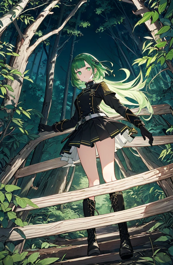 [(green hill background:1.4)::5],original,(shape:1.1),(highest quality),(Tabletop:1.1),(Highly detailed CG Unity 8k wallpaper:1.1), (colorful:0.9),(Mid Shot:0.95),(very detailed beautiful whole body),Dynamic Angle,(alone:1.2), (girl),(((Adult))), (Beautiful eyes in every detail:1.15), (Beautiful Face:1.15), (Glowing green eyes:1.25////),(Gemstone Eyes),(Green Short Hair),(Blunt bangs),((The girl wear a black knight uniform)),Realistic,, girl,Green Hair,((Black long boots)), Black mini skirt,Black knee socks(rage),(Contempt and contempt),rage,(beautiful slender girl),((Adult)),((whole body)),Valkyrie, Decorations,((Thin legs)),((slender girl)),Front Angle,Front Angle,Forest elevation,night,((Looking down from a high point in the forest)),