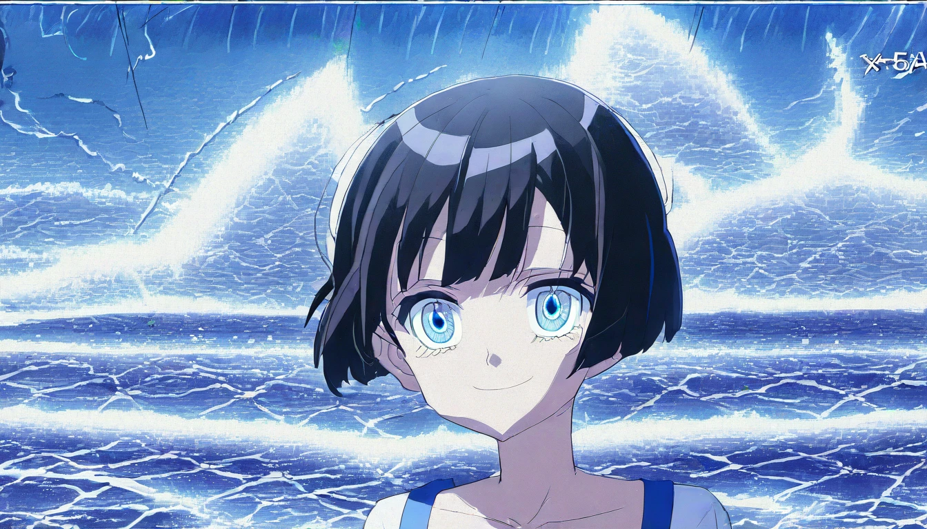 one Beautiful girl, solo, gentle smile on her face flat chest, short hair, black hair, blue eyes, (detailed eyes), {{{{masterpiece}}}}, {{{Super detailed}}}, {{{high resolution}}}, {{good anatomy}}, (((best quality))), ((ocean theme,blue theme,anime style,anime girl)),(((pink eyes,black hair))),(big perfect eyes),(from side),(((t-shirt:dark blue))), hairclip, {8k cg wallpaper}, {{illustration,zoom in,focus on face,close-up shot}},((floating hair|blunt bangs|short hair|natural curly perm)),smile,(1girl:1), solo,alone,(Color difference:1.2),pleased smile,blushing,neat face,(medium breasts),((The details are complex、Shallow depth of field、movie lighting、Reflectors、a Canon EOS R5、50mm lens、f / 2.8、shot at 8k resolution))