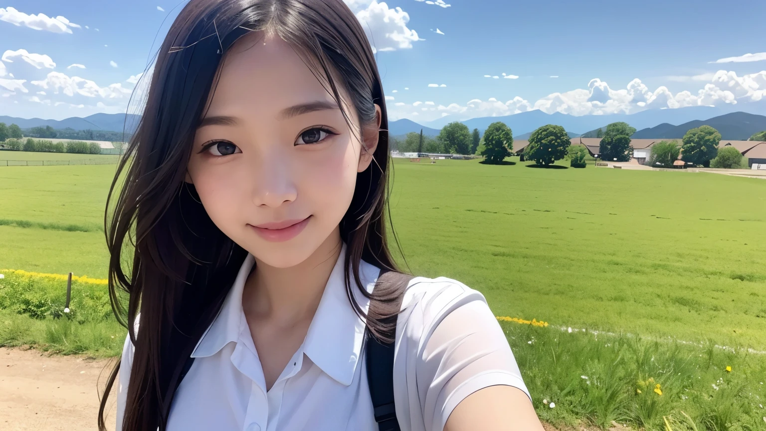 A scene from a rural school. Female students in summer uniforms shyly sipping drinks under a clear blue sky. She is smiling; in the background are expansive fields and mountains. The schoolyard is covered with grass and trees, and a river can be seen in the distance. The sun is shining gently and a pleasant breeze is blowing. High quality, high definition, 4K masterpiece, top quality, ultra-detailed, ultra-detailed, 4K, 8K, ((clearly drawn face)), (beautiful detailed eyes, ultra-detailed skin))