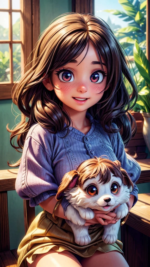 a cute girl flying in the sky with a cute puppy, detailed portrait of the girl's face, beautiful detailed eyes, beautiful detailed lips, extremely detailed eyes and face, long eyelashes, beautiful girl with long hair, happy expression, puppy flying alongside the girl, detailed fur and eyes of the puppy, fluffy puppy, (best quality,4k,8k,highres,masterpiece:1.2),ultra-detailed,(realistic,photorealistic,photo-realistic:1.37),studio lighting,vibrant colors,magical atmosphere,fantasy,whimsical,soft lighting