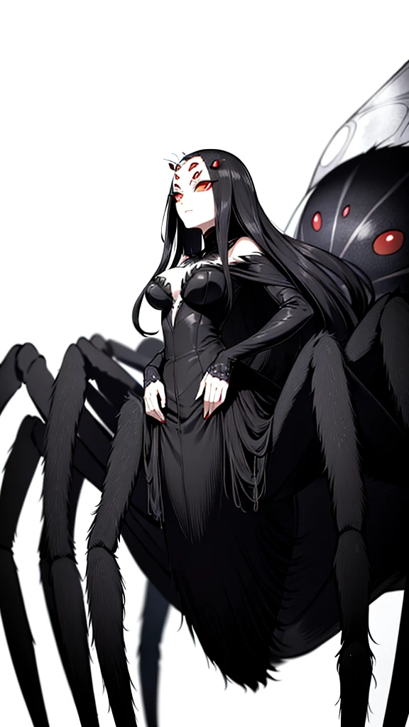 1 girl,black hair,long hair,black empress dress,(white background, line drawing),(((arachne, black spider))),