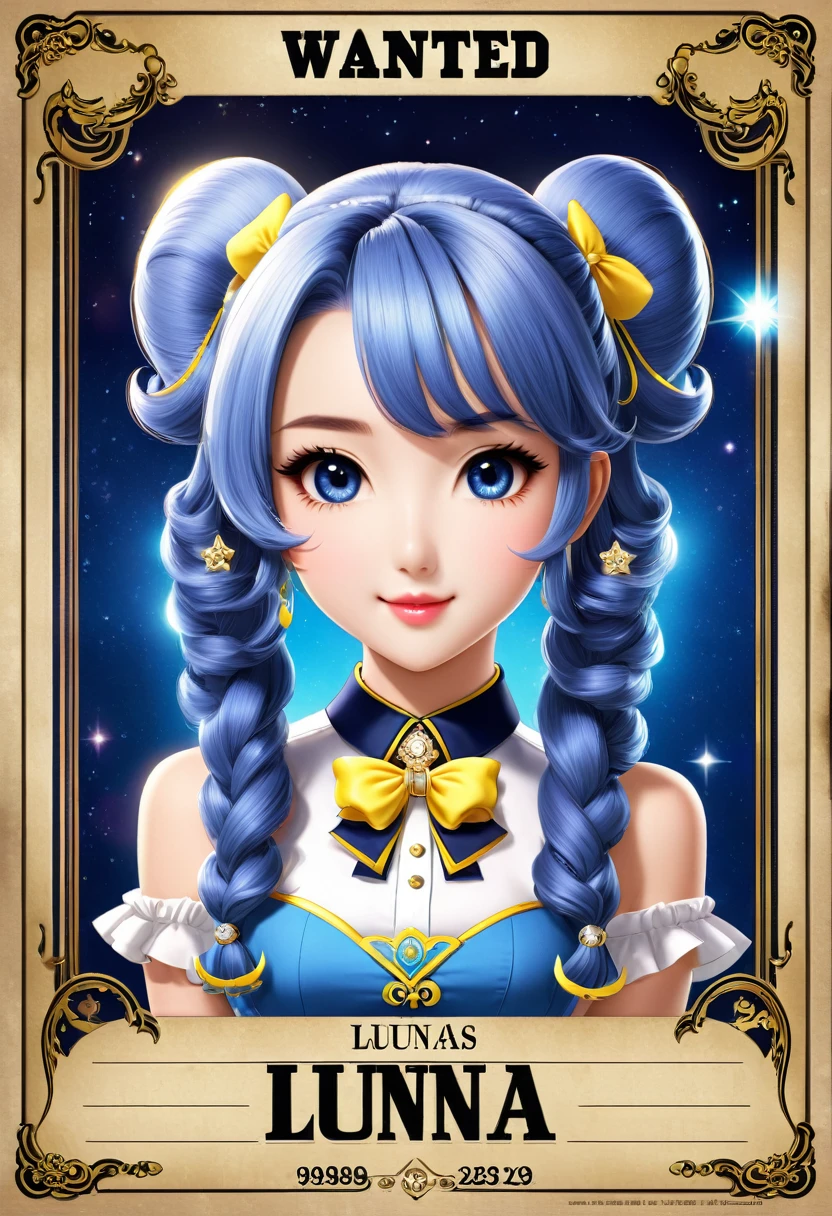A wanted poster featuring a 20-year-old hostess named Luna. She has an idol-like appearance with a cute face and twin-tail hairstyle. The poster should have a stylish design, making her look both adorable and captivating, as if she could be an idol.