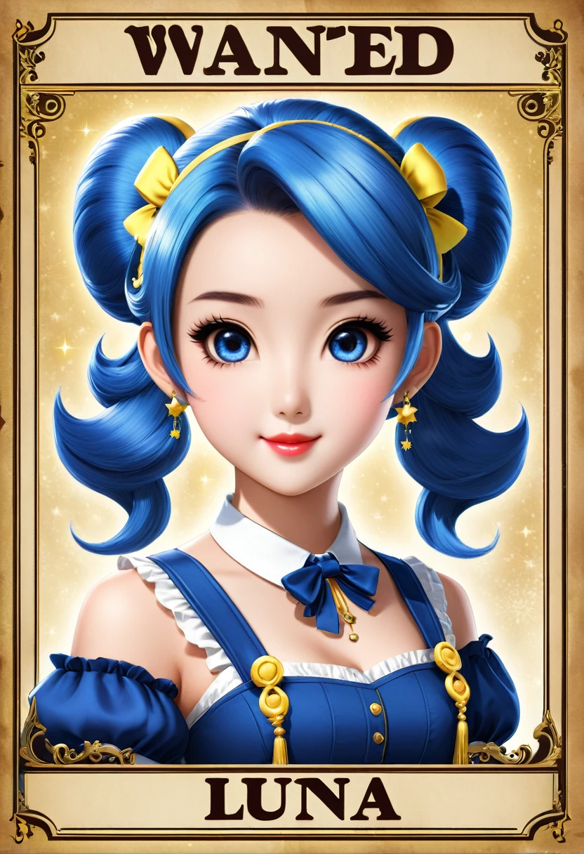 A wanted poster featuring a 20-year-old hostess named Luna. She has an idol-like appearance with a cute face and twin-tail hairstyle. The poster should have a stylish design, making her look both adorable and captivating, as if she could be an idol.
