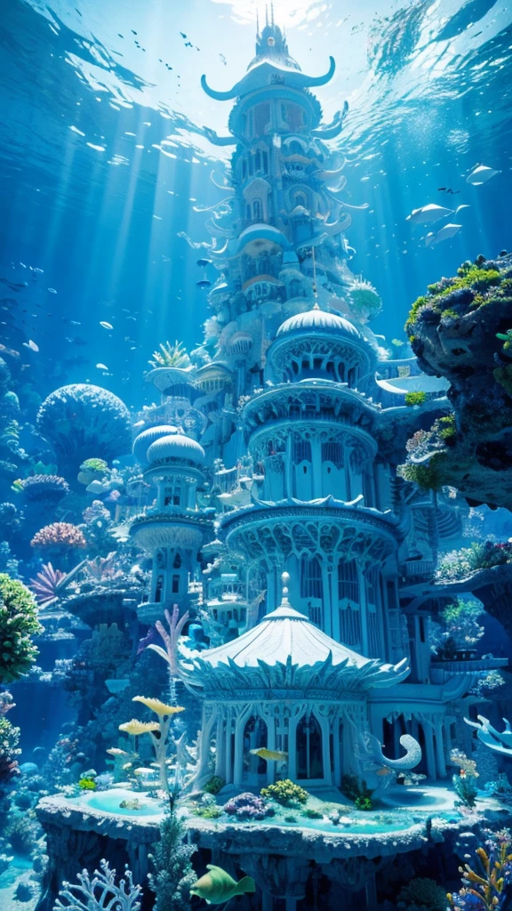 Undersea Palace, Fluorescent colorful plants, White coral, blueglow, Distant view,fantasy,intricately details,8K,Ultra HD,--no people,There is a white dragon flying，The entire structure of the building is clearly displayed,ディープブルー