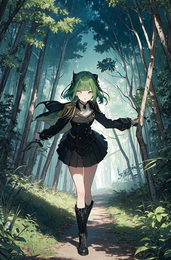 [(green hill background:1.4)::5],original,(shape:1.1),(highest quality),(Tabletop:1.1),(Highly detailed CG Unity 8k wallpaper:1.1), (colorful:0.9),(Mid Shot:0.95),(very detailed beautiful whole body),Dynamic Angle,(alone:1.2), (girl),(((Adult))), (Beautiful eyes in every detail:1.15), (Beautiful Face:1.15), (Glowing green eyes:1.25////),(Gemstone Eyes),(Green Short Hair),(Blunt bangs),((The girl wear a black knight uniform)),Realistic,, girl,Green Hair,((Black long boots)), Black mini skirt,Black knee socks(rage),(Contempt and contempt),rage,(beautiful slender girl),((Adult)),((whole body)),Valkyrie, Decorations,((Thin legs)),((slender girl)),Front Angle,Front Angle,Forest elevation,night,Forest elevation,Forest elevation,standing,