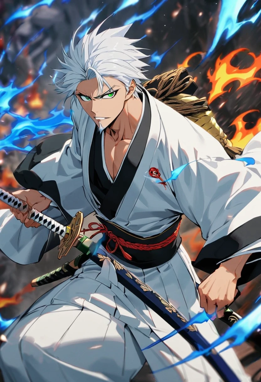 1 young boy, male focus,  details Intricate, 1 men, bonitas, White hair, vibrant green eyes, slim muscles, アニメ, 19yearsold, 19 years, a small goatee, kimono de Shinigami, Shinigami, bleach style, bleach, regatta, kimono, bleach, bleach style, katana ( uma katana afiada e longa coberta por Blue flames) , blue flames, Blue flames, katana longa, powerful katana (attacking enemies with your katana making cuts with your flames).