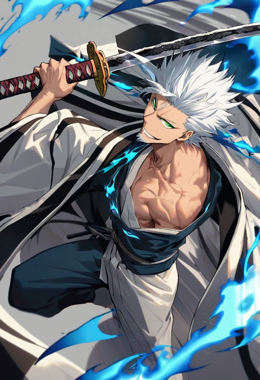 ung boy, male focus,  details Intricate, 1 men, bonitas, White hair, vibrant green eyes, slim muscles, アニメ, 19yearsold, 19 years, a small goatee, kimono de Shinigami, Shinigami, bleach style, bleach, regatta, kimono, bleach, bleach style, katana ( uma katana afiada e longa coberta por Blue flames) , blue flames, Blue flames, katana longa, powerful katana (attacking enemies with your katana making cuts with your flames).